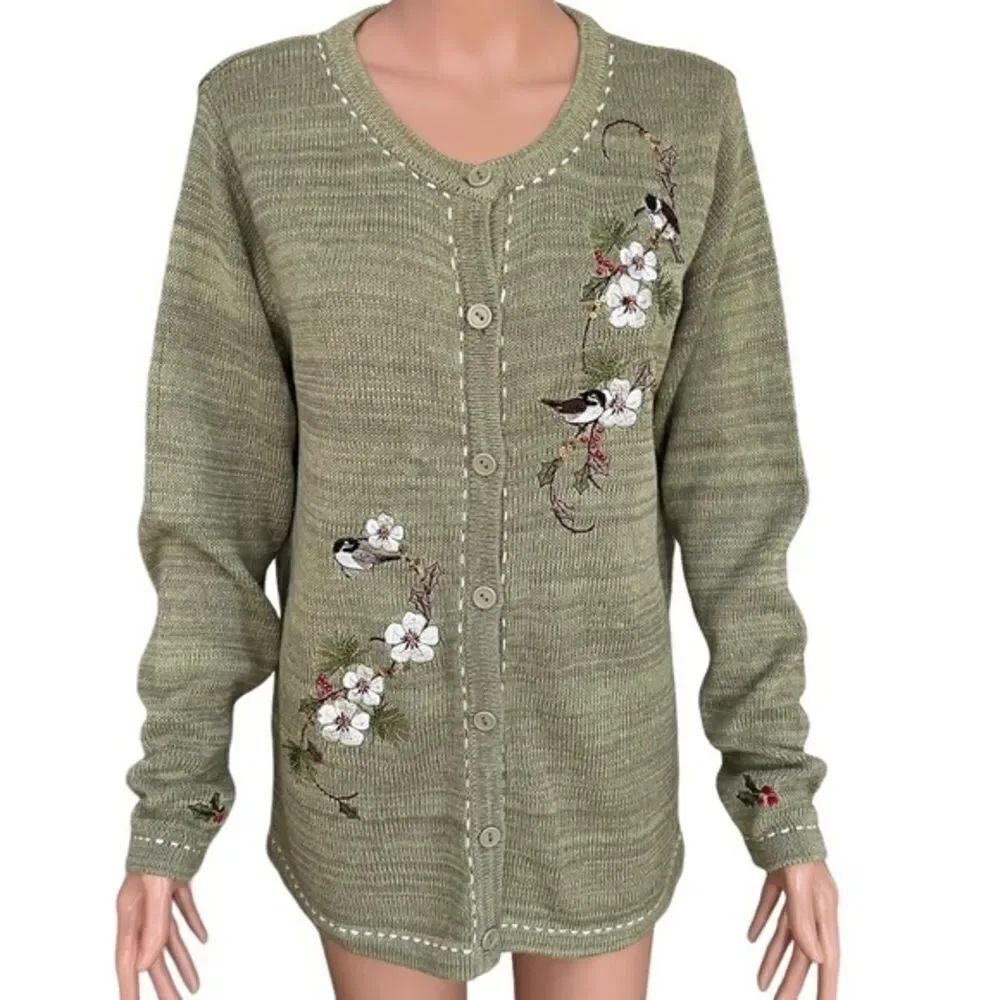 BLAIR Ramie/cotton Cardigan Crewneck Embroidered Bird Sage Green Front Button M